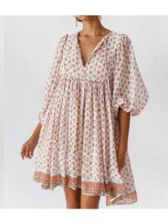 Daughters of India Dresses & Skirts - Daughters of India Kyra Cream Dress with Coral and Green Floral Print